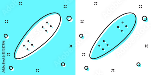 Black line Longboard or skateboard cruiser icon isolated on green and white background. Extreme sport. Sport equipment. Random dynamic shapes. Vector
