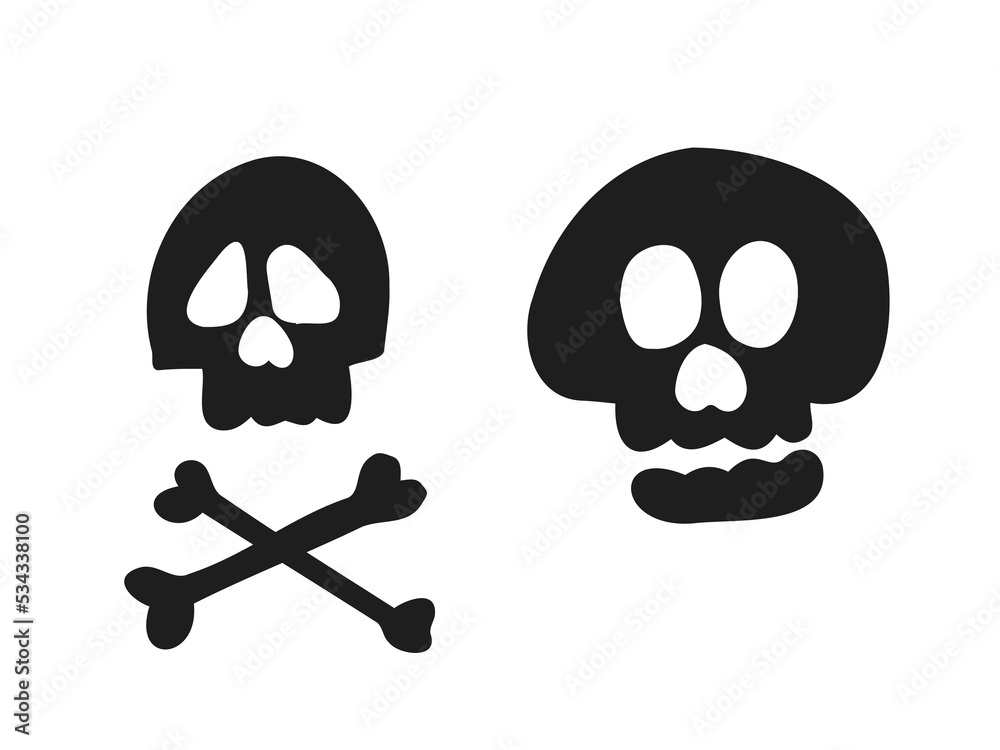 Fototapeta premium Halloween 2022 - October 31. A traditional holiday. Trick or treat. Vector illustration in hand-drawn doodle style. Set of silhouettes of human skulls.