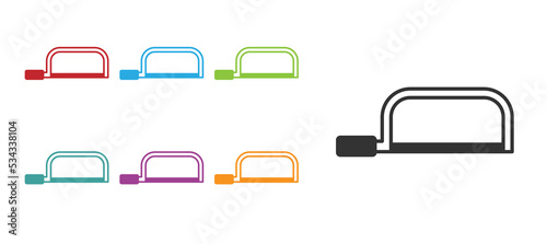 Black Hacksaw icon isolated on white background. Metal saw for wood and metal. Set icons colorful. Vector
