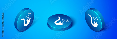 Isometric Smoking pipe with smoke icon isolated on blue background. Tobacco pipe. Blue circle button. Vector