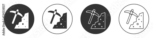 Black Pickaxe icon isolated on white background. Circle button. Vector