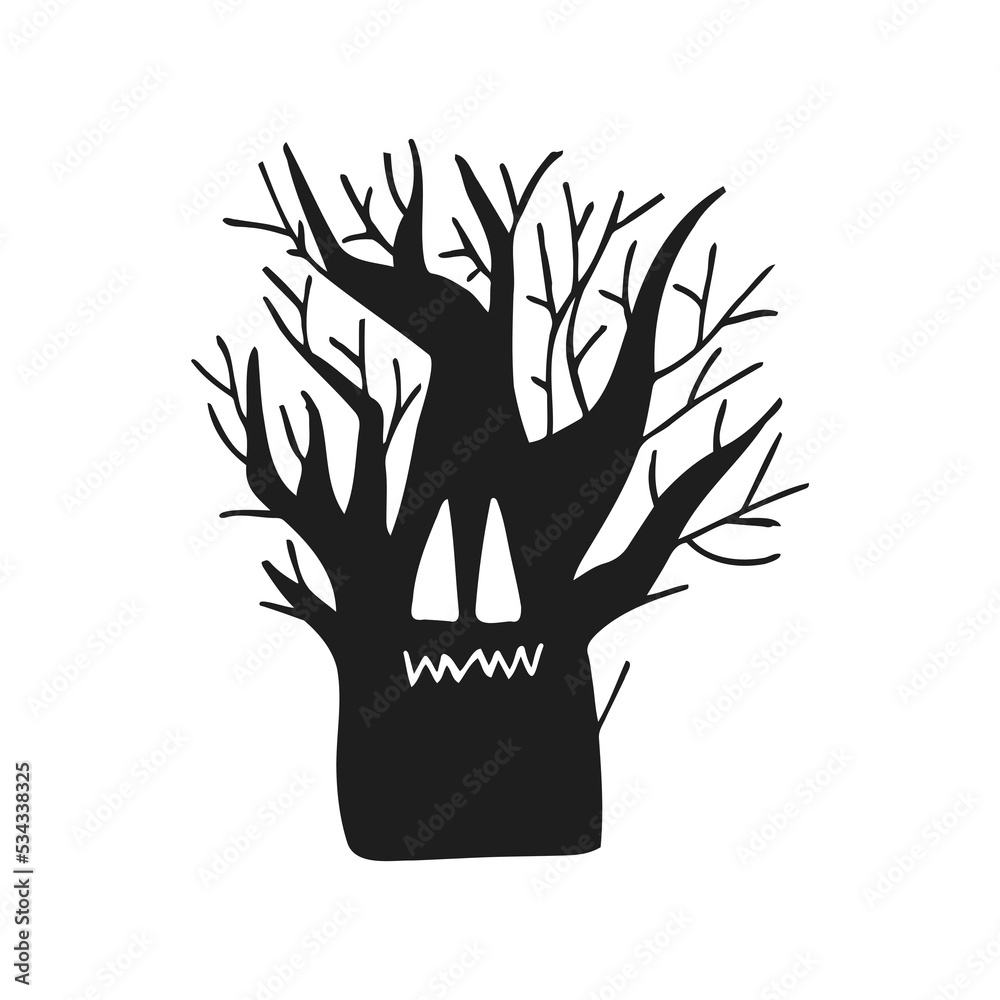 Fototapeta premium Halloween 2022 - October 31. A traditional holiday, the eve of All Saints Day, All Hallows Eve. Trick or treat. Vector illustration in hand-drawn doodle style. A scary creepy tree.