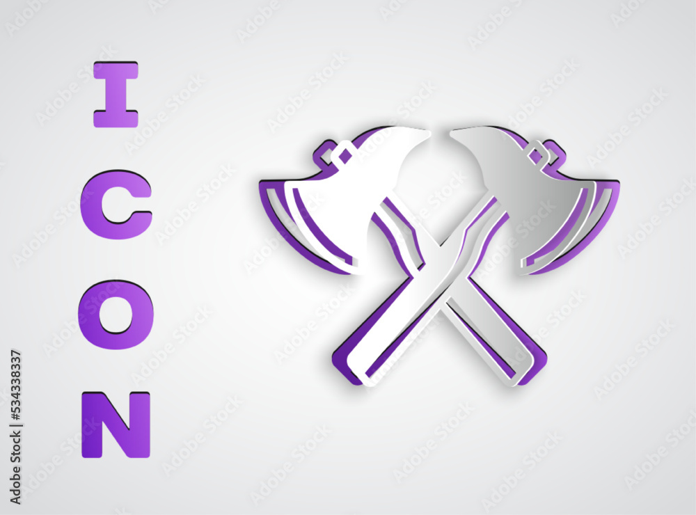 Paper cut Firefighter axe icon isolated on grey background. Fire axe. Paper art style. Vector Paper cut Firefighter axe icon isolated on grey background. Fire axe. Paper art style. Vector