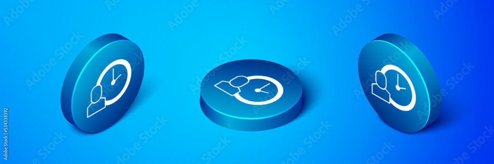 Isometric Work time icon isolated on blue background. Office worker. Working hours. Business briefcase. Blue circle button. Vector Isometric Work time icon isolated on blue background. Office worker. Working hours. Business briefcase. Blue circle button. Vector