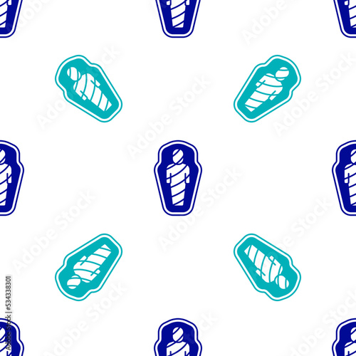Blue Egypt mummy in sarcophagus icon isolated seamless pattern on white background. Vector