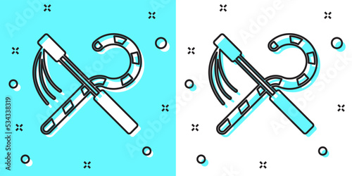 Black line Crook and flail icon isolated on green and white background. Ancient Egypt symbol. Scepters of egypt. Random dynamic shapes. Vector