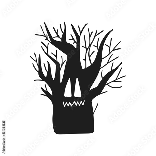 Halloween 2022 - October 31. A traditional holiday, the eve of All Saints Day, All Hallows Eve. Trick or treat. Vector illustration in hand-drawn doodle style. A scary creepy tree.
