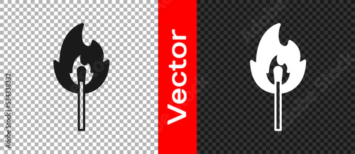 Black Burning match with fire icon isolated on transparent background. Match with fire. Matches sign. Vector