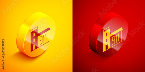 Isometric Building of fire station icon isolated on orange and red background. Fire department building. Circle button. Vector
