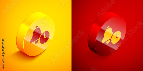 Isometric Alarm clock icon isolated on orange and red background. Wake up, get up concept. Time sign. Circle button. Vector