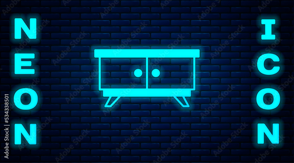 Glowing neon Furniture nightstand icon isolated on brick wall background. Vector Glowing neon Furniture nightstand icon isolated on brick wall background. Vector
