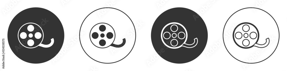 Black Film reel icon isolated on white background. Circle button. Vector