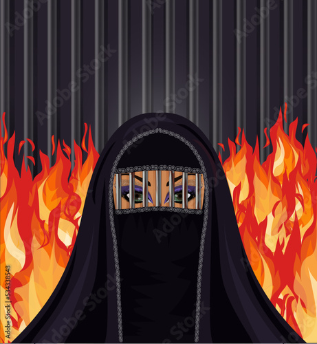 Burka is like a prison. Young muslim arab woman in burqa metal grate, vector illustration