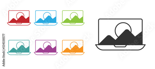 Black Photo retouching icon isolated on white background. Photographer, photography, retouch icon. Set icons colorful. Vector