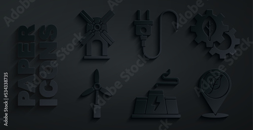 Set Power station plant factory, Leaf in gear machine, Wind turbine, Location with leaf, Electric plug and icon. Vector
