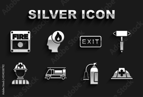 Set Fire truck, Firefighter axe, helmet, extinguisher, exit, alarm system and icon. Vector