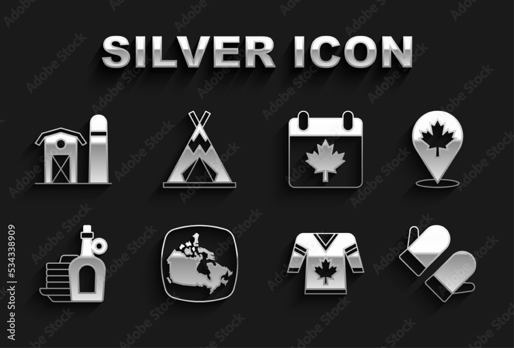 Set Canada map, Canadian maple leaf, Christmas mitten, Hockey jersey, Syrup with pancakes, day, Farm house and Indian teepee or wigwam icon. Vector Set Canada map, Canadian maple leaf, Christmas mitten, Hockey jersey, Syrup with pancakes, day, Farm house and Indian teepee or wigwam icon. Vector