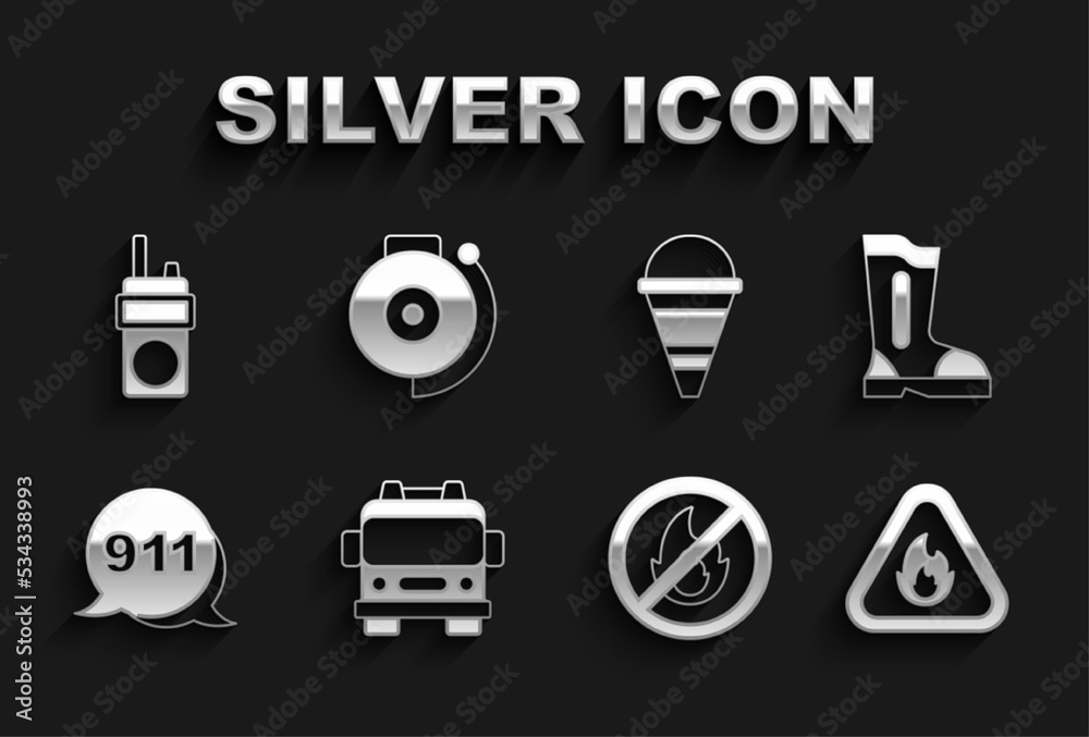 Set Fire truck, boots, flame in triangle, No fire, Emergency call 911, cone bucket, Walkie talkie and Ringing alarm bell icon. Vector Set Fire truck, boots, flame in triangle, No fire, Emergency call 911, cone bucket, Walkie talkie and Ringing alarm bell icon. Vector