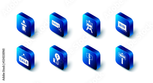 Set Price tag with Sale, Auction painting, Online auction, Hand holding paddle, and auctioneer sells icon. Vector