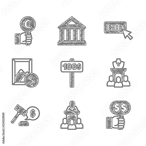 Set Hand holding auction paddle, Auction auctioneer sells, jewelry sale, hammer price, painting, Bid and icon. Vector