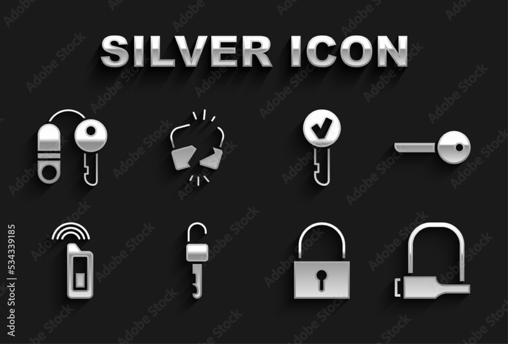 Set Unlocked key, Key, Bicycle, Lock, Car with remote, House and Broken or cracked icon. Vector Set Unlocked key, Key, Bicycle, Lock, Car with remote, House and Broken or cracked icon. Vector
