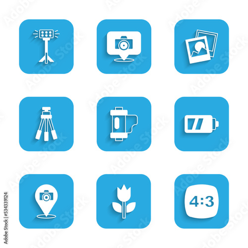 Set Camera film roll cartridge, Photo mode macro, frame 4, Battery for camera, Tripod, and Studio light bulb in softbox icon. Vector