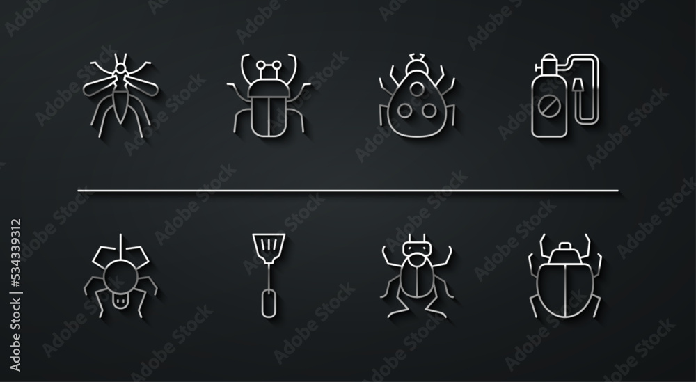 Set line Mosquito, Spider, Pressure sprayer, Beetle bug, Fly swatter, Stink, Mite and Ladybug icon. Vector