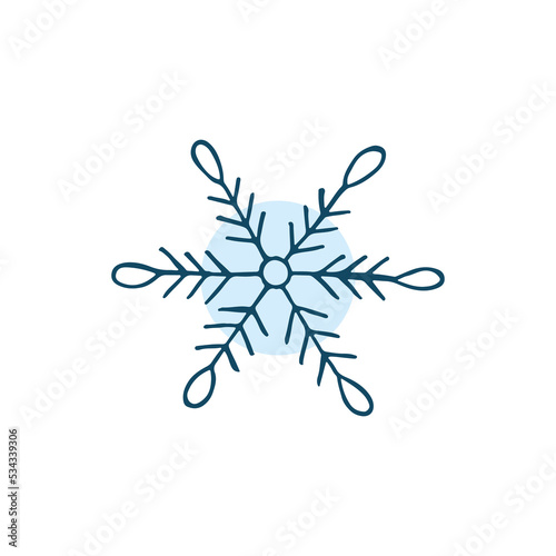 A hand-drawn snowflake. Vector illustration in doodle style. Winter mood. Hello 2023. Merry Christmas and Happy New Year. Blue element on a white background.