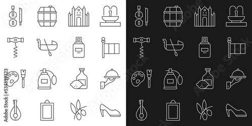 Set line Woman shoe, Covered with tray of food, Flag Italy, Milan Cathedral, Gondola, Wine corkscrew, Violin and Perfume icon. Vector