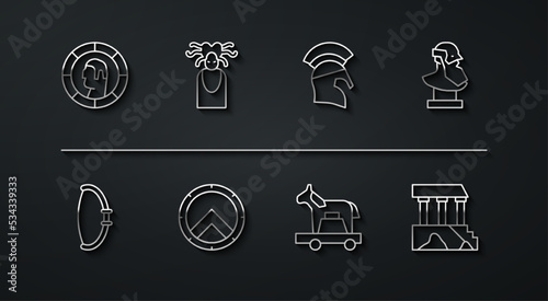 Set line Ancient Greek coin, Medieval bow, bust sculpture, Trojan horse, shield, Medusa Gorgon, Parthenon and helmet icon. Vector