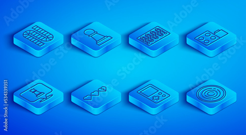 Set line Board game, Chess, Hearts for, Tetris, Toy building block bricks, and Checker chips icon. Vector