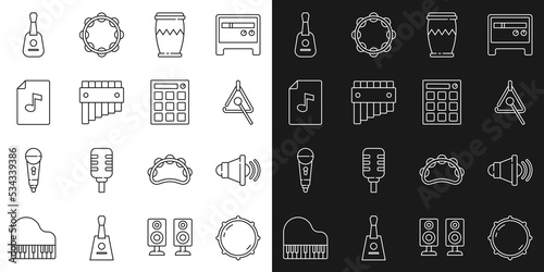 Set line Dial knob level, Speaker volume, Triangle, Drum, Pan flute, Music book with note, Guitar and machine icon. Vector