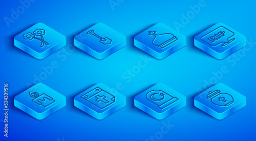 Set line Flower, Shovel, Church tower, Calendar death, Muslim cemetery, Speech bubble rip, Burning candle and Funeral icon. Vector