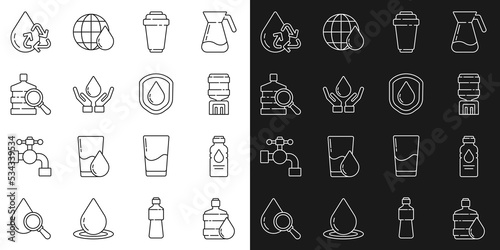 Set line Big bottle with clean water, Bottle of, Water cooler, filter cartridge, Washing hands soap, Recycle aqua and Waterproof icon. Vector