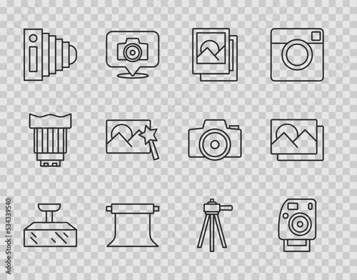 Set line Softbox light, Photo camera, frame, Empty photo studio, retouching, Tripod and icon. Vector