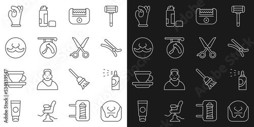 Set line Mustache and beard, Spray can for hairspray, Hair clip, Electrical clipper, Barbershop with razor, Medical rubber gloves and Scissors hairdresser icon. Vector