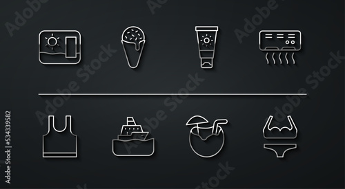 Set line Travel postcard, Sleeveless T-shirt, Air conditioner, Coconut cocktail, Cruise ship, Ice cream in waffle cone, Swimsuit and Sunscreen tube icon. Vector