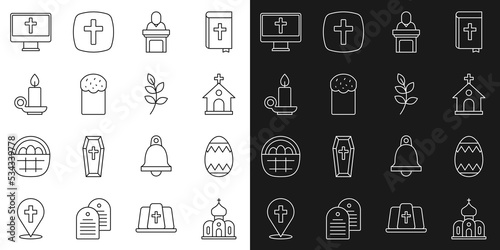 Set line Church building  Easter egg  pastor preaching  cake  Burning candle candlestick  Christian cross on monitor and Willow leaf icon. Vector