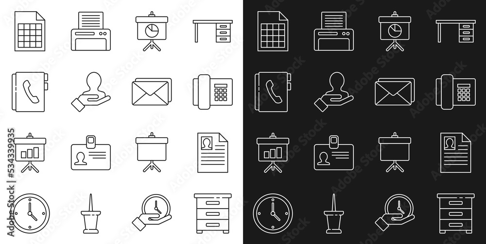 Set line Drawer with documents, Resume, Telephone, Chalkboard diagram, Hand for search people, Address book, File and Envelope icon. Vector Set line Drawer with documents, Resume, Telephone, Chalkboard diagram, Hand for search people, Address book, File and Envelope icon. Vector
