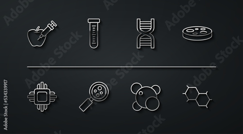 Set line Genetically modified apple, Processor CPU, Petri dish with bacteria, Molecule, Microorganisms under magnifier, Test tube, Chemical formula and DNA symbol icon. Vector