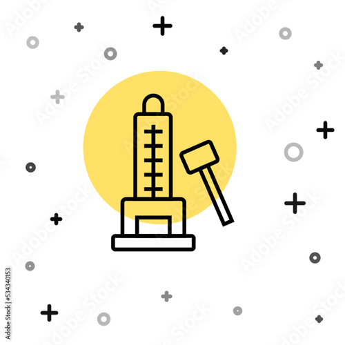 Black line High striker attraction with big hammer icon isolated on white background. Attraction for measuring strength. Amusement park. Random dynamic shapes. Vector