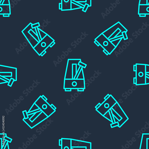 Green line Classic Metronome with pendulum in motion icon isolated seamless pattern on blue background. Equipment of music and beat mechanism. Vector