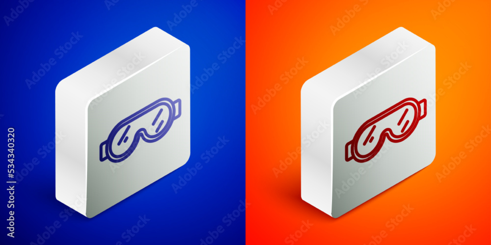 Isometric line Safety goggle glasses icon isolated on blue and orange background. Silver square button. Vector