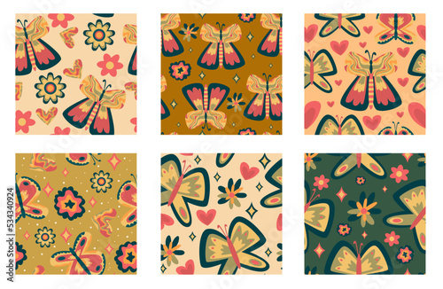 Retro butterfly groovy seamless pattern set. Boho vector background. Hippie psychedelic seamless pattern. Retro groovy background. Design with daisy flower and heart