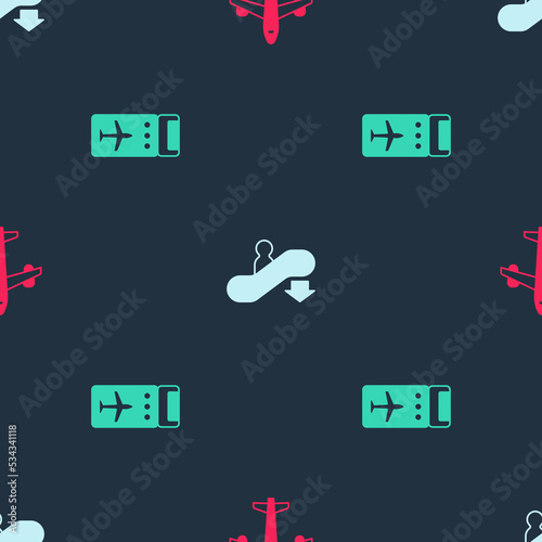 Set Plane, Escalator down and Airline ticket on seamless pattern. Vector