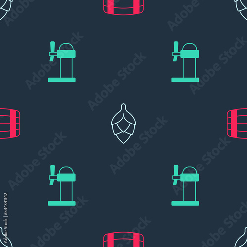 Set Wooden barrel, Hop and Dispenser beer on seamless pattern. Vector