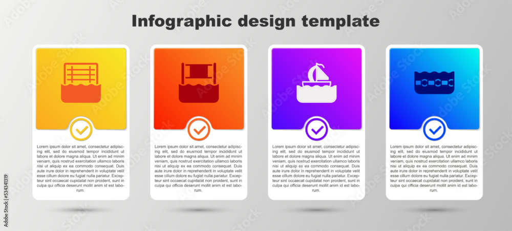 Set Water polo, volleyball net, Yacht sailboat and Swimming pool. Business infographic template. Vector