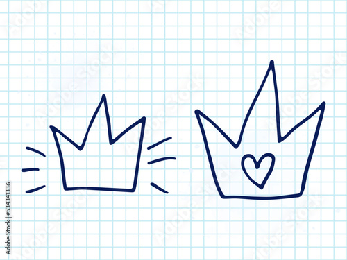 Set of cute hand-drawn doodle elements about love. Message stickers for apps. Icons for Valentines Day, romantic events and wedding. A checkered notebook. Shiny gold crowns with a heart.