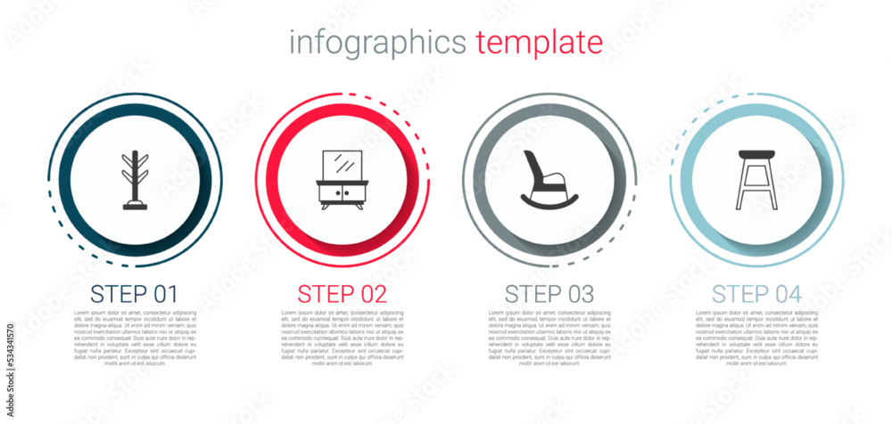 Set Coat stand, Dressing table, Rocking chair and Chair. Business infographic template. Vector Set Coat stand, Dressing table, Rocking chair and Chair. Business infographic template. Vector