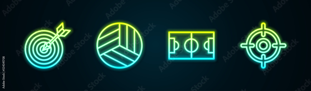 Set line Target with arrow, Volleyball ball, Football or soccer field and sport. Glowing neon icon. Vector Set line Target with arrow, Volleyball ball, Football or soccer field and sport. Glowing neon icon. Vector